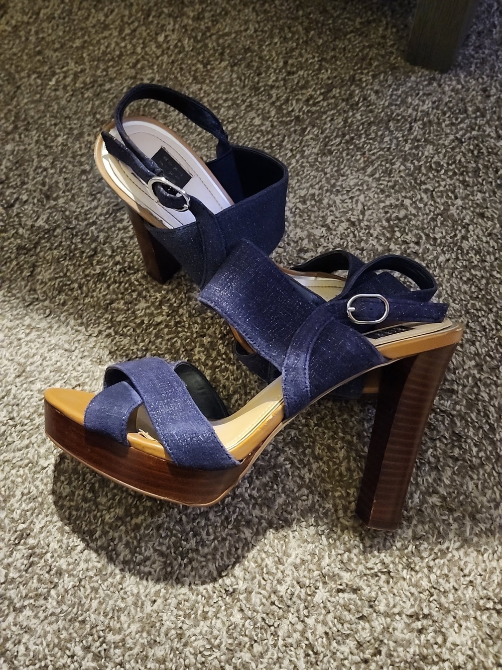 White House Black Market Navy Denim Platform Block Heel Sandals